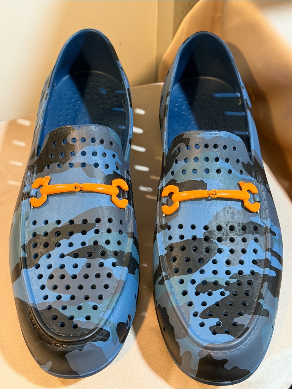 Floater’s Chairmen Bit Blue Camo Slip-On Loafers with Orange Bit